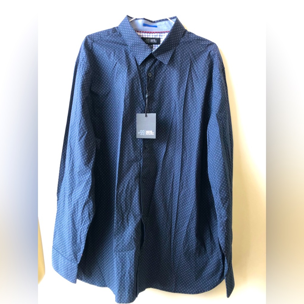 NWT WAYNE GRETZKY MEN DRESS SHIRT IN SIZE 46-48 100% COTTON IN VAVY BLUE &WHITE
